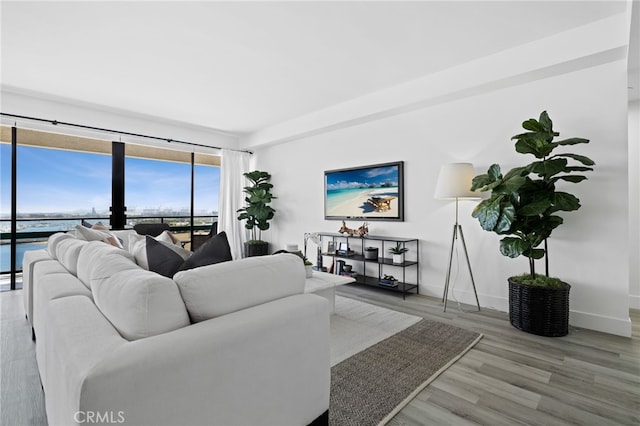 living room featuring a water view and wood-type flooring