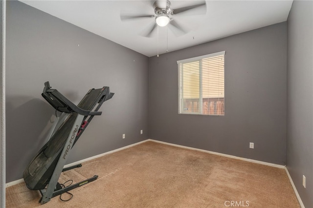 workout area featuring carpet floors and ceiling fan