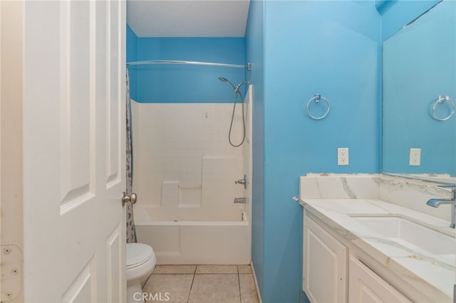 full bathroom featuring tub / shower combination, tile flooring, vanity, and toilet