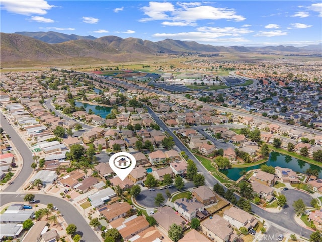 drone / aerial view featuring a mountain view