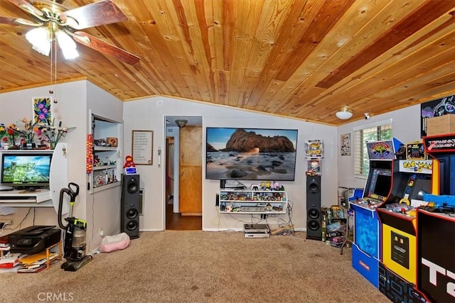 game room featuring carpet floors, vaulted ceiling, and wooden ceiling