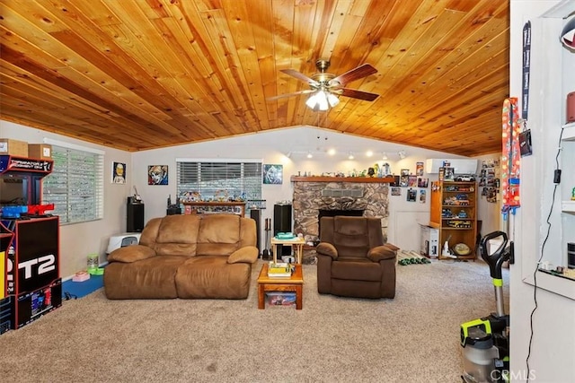 carpeted living room featuring a stone fireplace, ceiling fan, wooden ceiling, and lofted ceiling