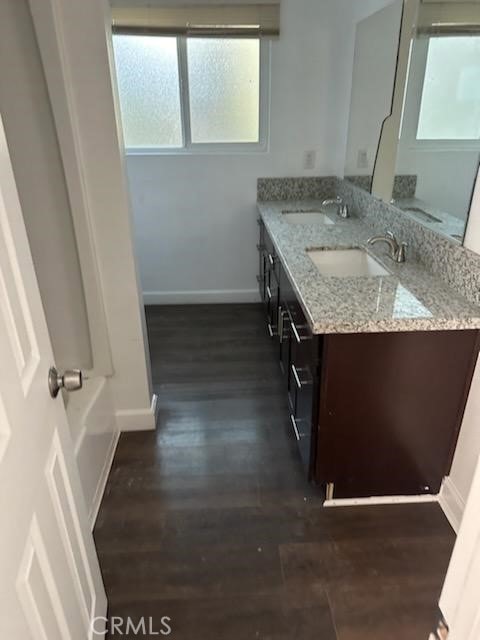 bathroom with vanity and hardwood / wood-style flooring