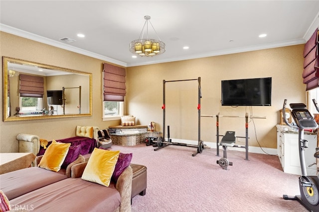 exercise room with crown molding, a notable chandelier, and carpet flooring