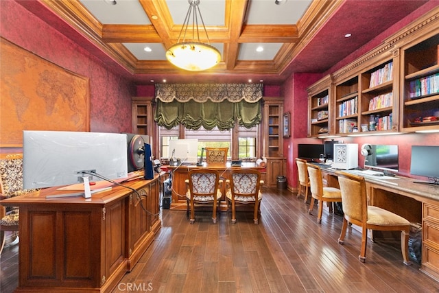 home office featuring built in desk, beamed ceiling, coffered ceiling, and dark hardwood / wood-style flooring