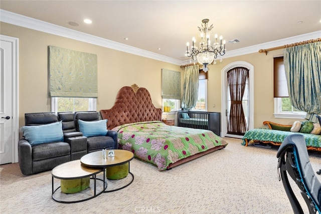 carpeted bedroom with crown molding, multiple windows, and a chandelier