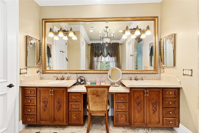 bathroom with vanity, crown molding, and a notable chandelier