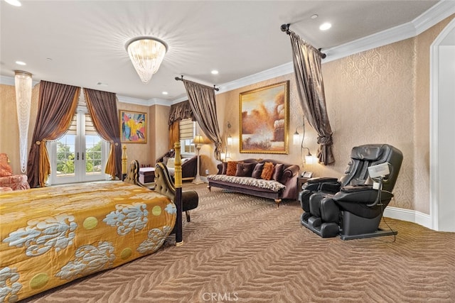 carpeted bedroom with french doors and crown molding