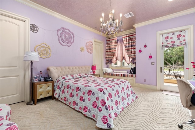 bedroom featuring ornamental molding, a textured ceiling, access to exterior, and a chandelier