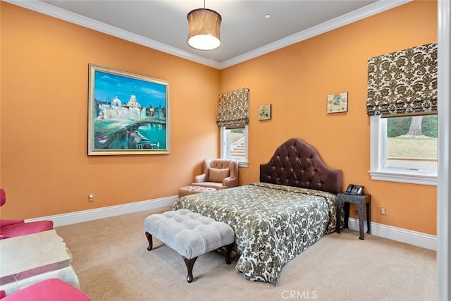 bedroom with carpet, multiple windows, and ornamental molding