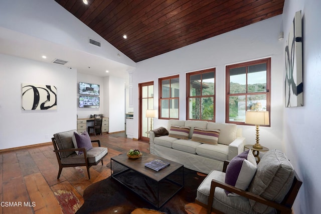 living room featuring wood-type flooring, high vaulted ceiling, and wooden ceiling