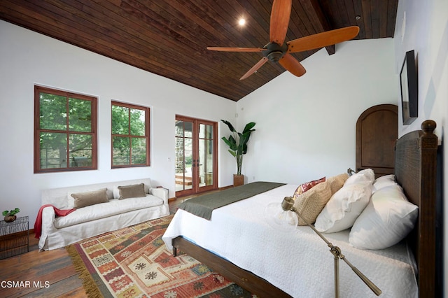 bedroom featuring french doors, ceiling fan, wooden ceiling, vaulted ceiling, and hardwood / wood-style flooring