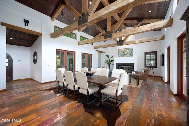 dining room with beam ceiling, wood ceiling, dark hardwood / wood-style floors, and high vaulted ceiling