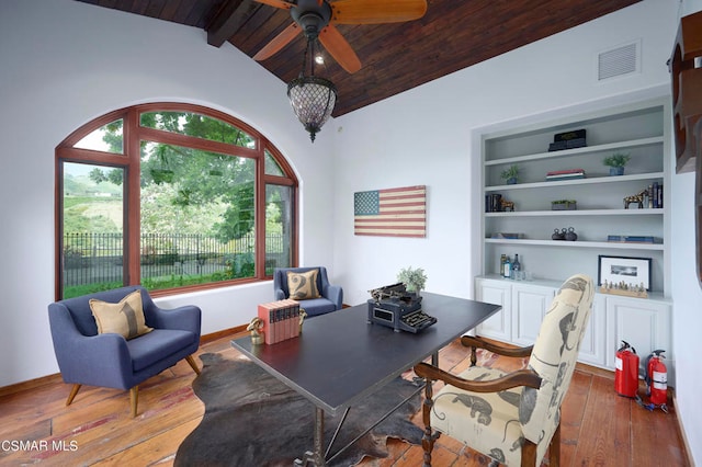 office space with wood ceiling, hardwood / wood-style floors, lofted ceiling with beams, built in shelves, and ceiling fan