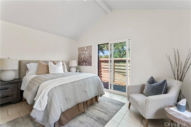 3210 Live Oak Park Rd, Fallbrook, CA 92028 - bedroom with access to outside, beamed ceiling, light tile patterned floors, and high vaulted ceiling