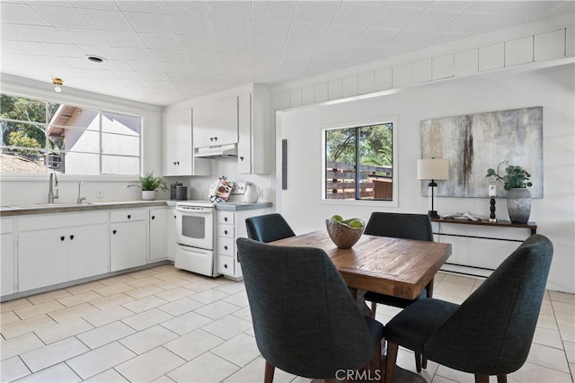 3210 Live Oak Park Rd, Fallbrook, CA 92028 - kitchen with white range with electric cooktop, plenty of natural light, under cabinet range hood, and light tile patterned floors