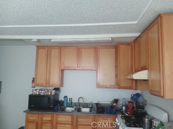 2123 High St, Oakland, CA 94601 - kitchen featuring gas stove, under cabinet range hood, black microwave, and a sink