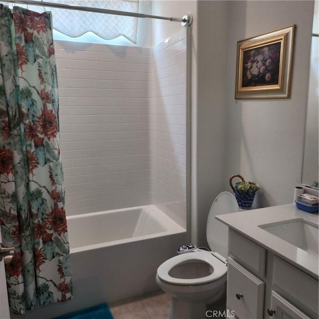 full bathroom with shower / bath combo, toilet, and vanity