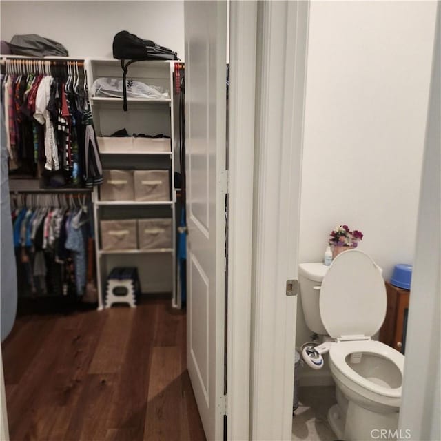 bathroom with hardwood / wood-style floors and toilet