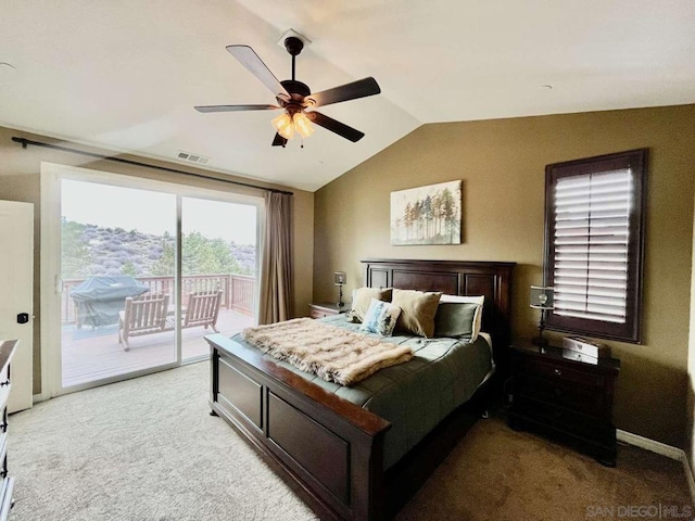 bedroom featuring light carpet, access to outside, vaulted ceiling, and ceiling fan