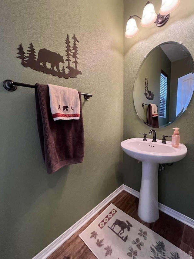 bathroom with wood-type flooring