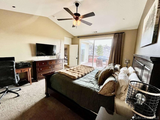 bedroom featuring carpet flooring, access to outside, a fireplace, ceiling fan, and lofted ceiling