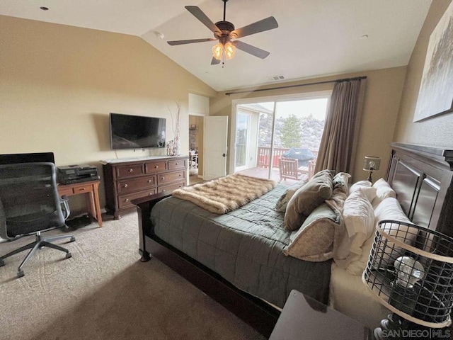 bedroom with ceiling fan, carpet flooring, vaulted ceiling, and access to exterior