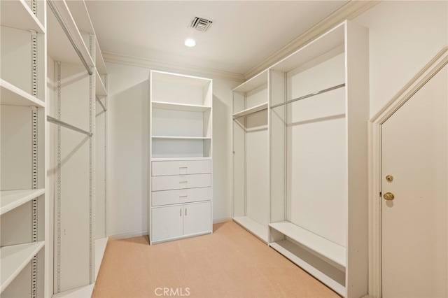 walk in closet featuring light colored carpet