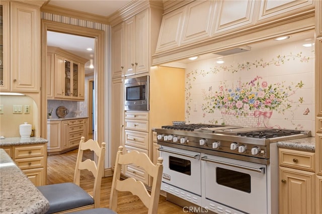 kitchen featuring backsplash, light wood-type flooring, premium range hood, and appliances with stainless steel finishes