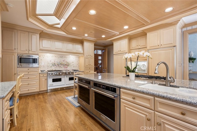 kitchen featuring sink, light stone counters, light hardwood / wood-style floors, appliances with stainless steel finishes, and ornamental molding