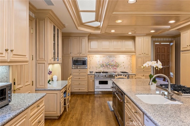 kitchen featuring sink, dark wood-type flooring, stainless steel appliances, light stone counters, and crown molding