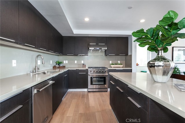 kitchen with sink, stainless steel appliances, and light wood-type flooring