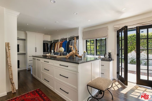 kitchen featuring dark wood-type flooring, white cabinetry, and french doors