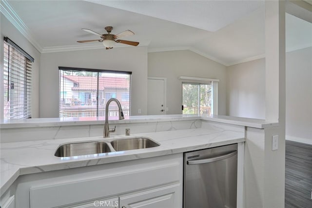 kitchen featuring dishwasher, lofted ceiling, sink, light stone counters, and dark hardwood / wood-style flooring