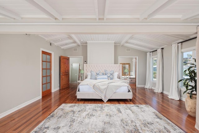 bedroom featuring dark wood-type flooring and lofted ceiling with beams