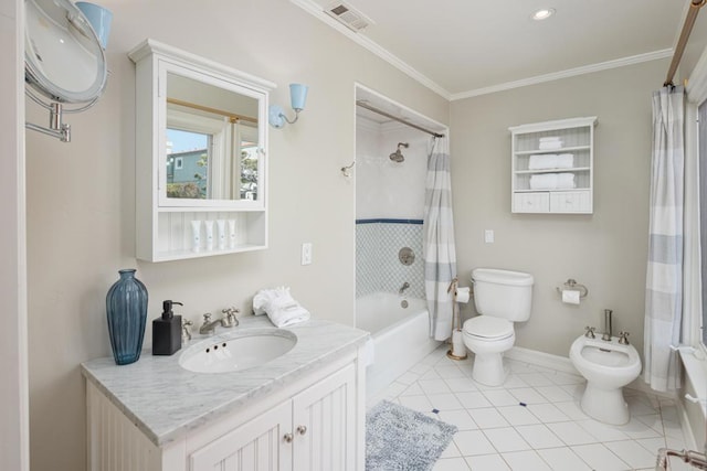 full bathroom featuring tile patterned floors, shower / bath combination with curtain, toilet, ornamental molding, and a bidet