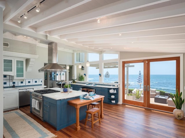 kitchen with appliances with stainless steel finishes, island exhaust hood, white cabinets, a water view, and dark wood-type flooring