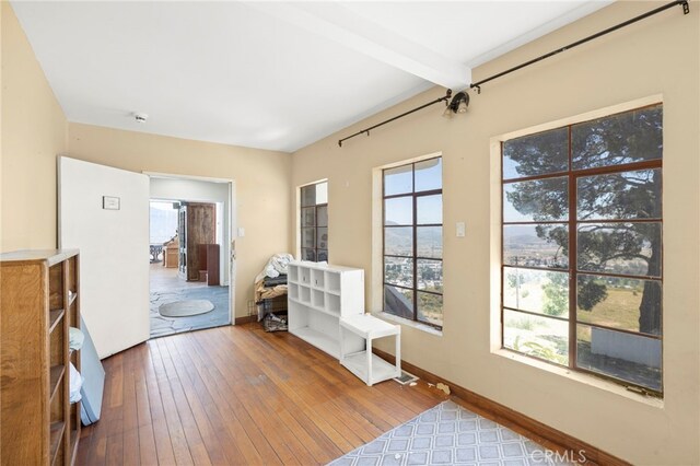 interior space featuring hardwood / wood-style floors and beamed ceiling