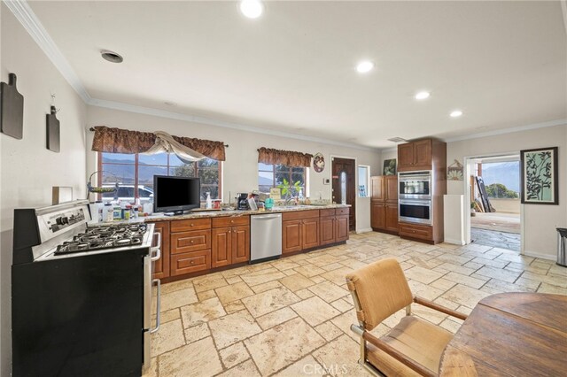 kitchen with ornamental molding, stainless steel appliances, and a wealth of natural light