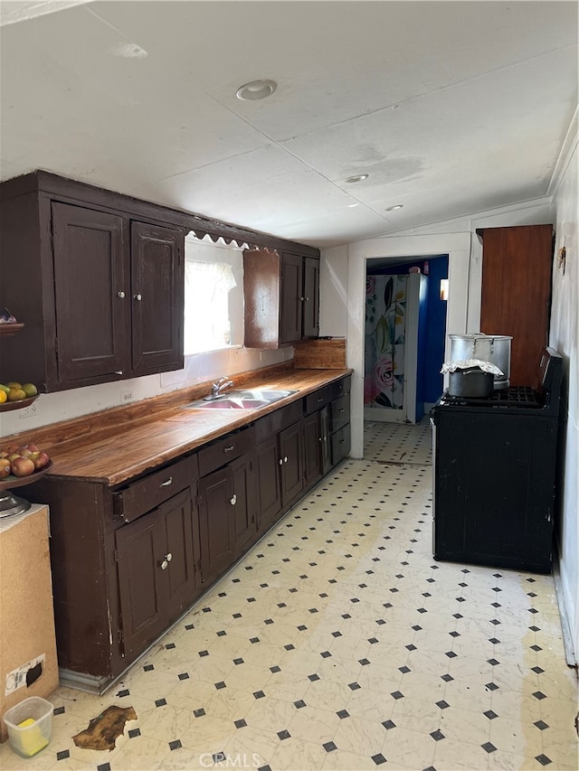 kitchen with lofted ceiling, dark brown cabinets, wood counters, ornamental molding, and sink