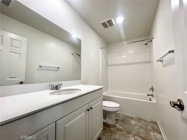 full bathroom featuring vanity, shower / washtub combination, and toilet