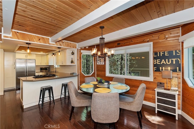 dining space with sink, wooden walls, beam ceiling, a chandelier, and dark hardwood / wood-style floors