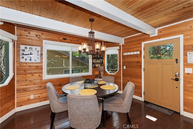 dining space with beamed ceiling, wooden walls, and dark wood-type flooring