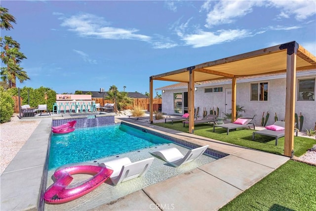 view of swimming pool with a fenced in pool, a fenced backyard, and a patio