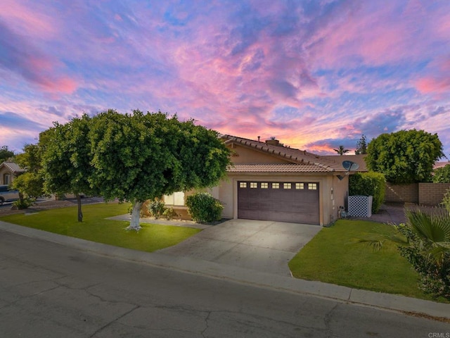 view of front of house with a yard and a garage