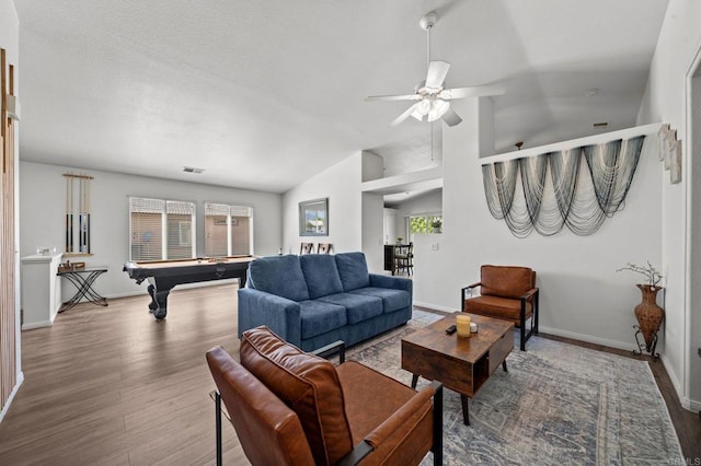 living room featuring lofted ceiling, wood-type flooring, billiards, and ceiling fan