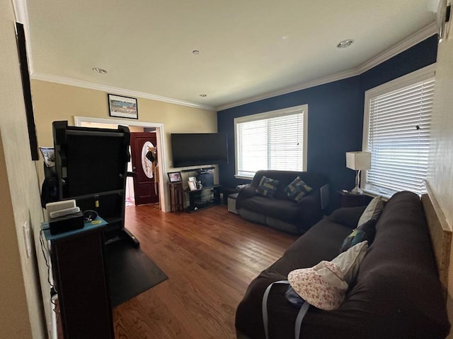 living room featuring crown molding and dark hardwood / wood-style floors