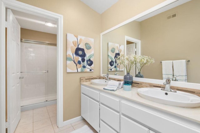 bathroom with tile patterned flooring, vanity, and a shower with shower door