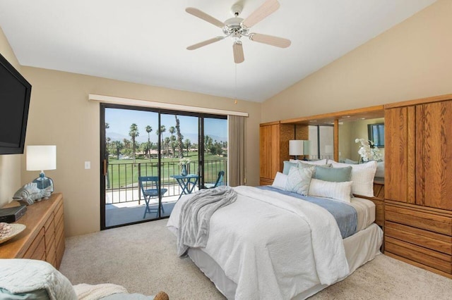 bedroom with access to exterior, light colored carpet, vaulted ceiling, and ceiling fan