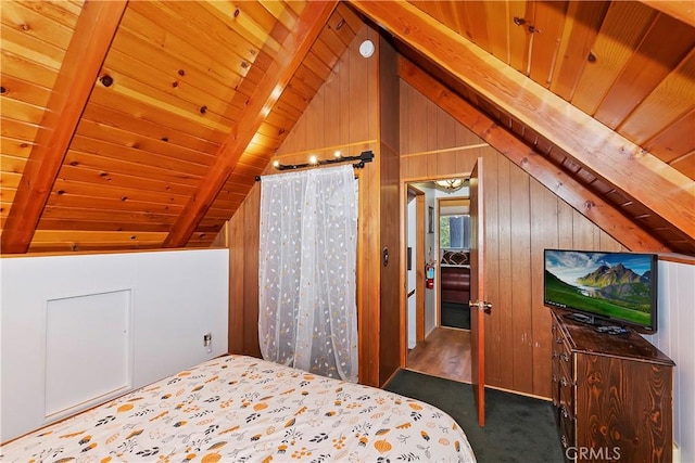 bedroom featuring dark hardwood / wood-style flooring, vaulted ceiling with beams, wood ceiling, and wood walls